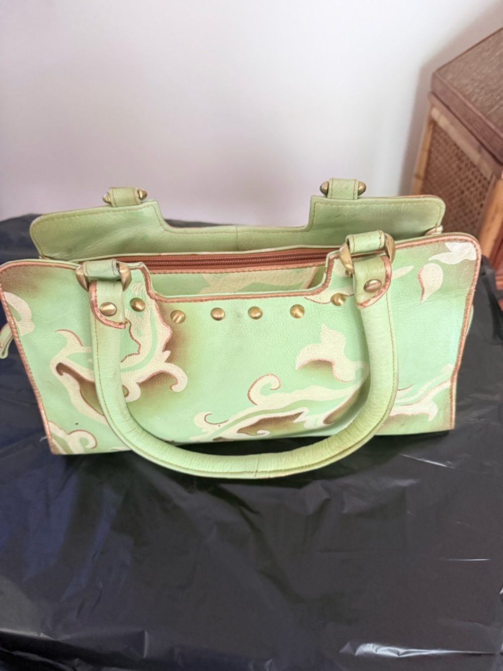 Zimfelmann,German, Green and Gold, Leather, Hand painted Patterned Women's Tote